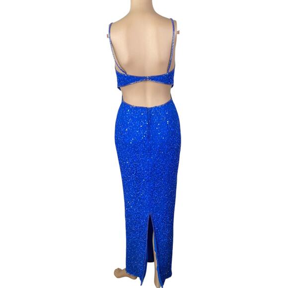 SCALA Vtg Iconic Blue Heavily Beaded Sequin Cut Out Maxi Gown Dress SZ XS - Picture 7 of 9